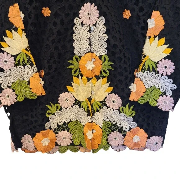 Vtg Queen Caro Of Honolulu Black Jacket Floral Embroidered Eyelet‎ Large Artsy - Picture 3 of 10